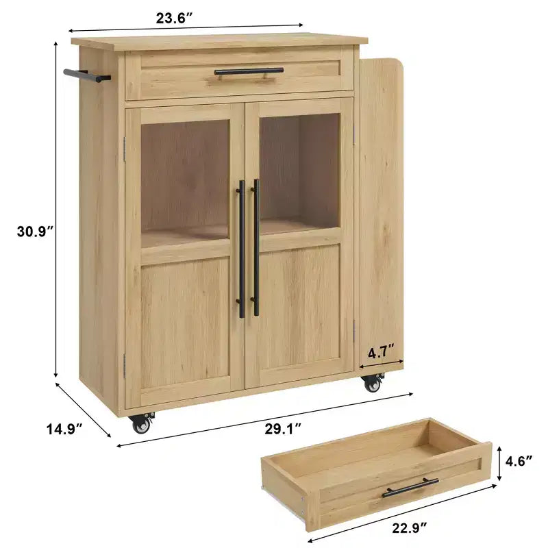 Carrello da Cucina con Isola e Ante in Vetro, Ripiani, Rotelle e Portaspezie per Sala da Pranzo e Cucina, Naturale