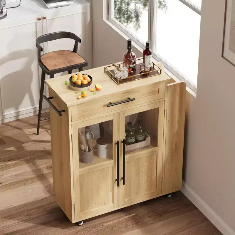 Carrello da Cucina con Isola e Ante in Vetro, Ripiani, Rotelle e Portaspezie per Sala da Pranzo e Cucina, Naturale