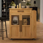 Carrello da Cucina con Isola e Ante in Vetro, Ripiani, Rotelle e Portaspezie per Sala da Pranzo e Cucina, Naturale