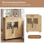 Carrello da Cucina con Isola e Ante in Vetro, Ripiani, Rotelle e Portaspezie per Sala da Pranzo e Cucina, Naturale