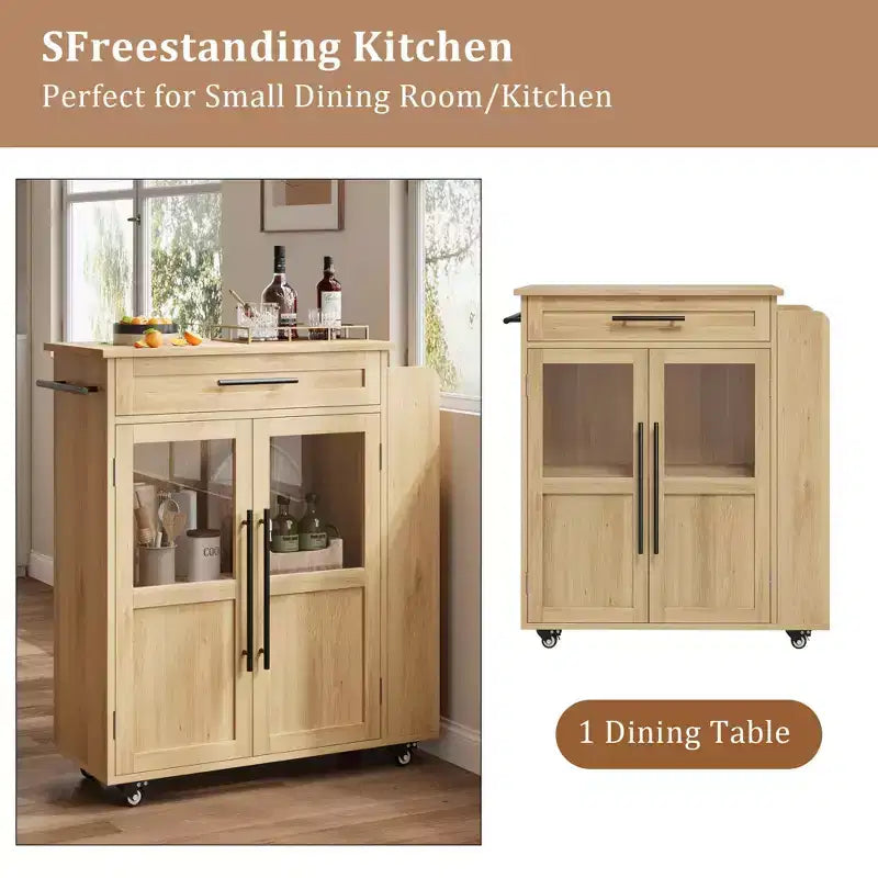 Carrello da Cucina con Isola e Ante in Vetro, Ripiani, Rotelle e Portaspezie per Sala da Pranzo e Cucina, Naturale