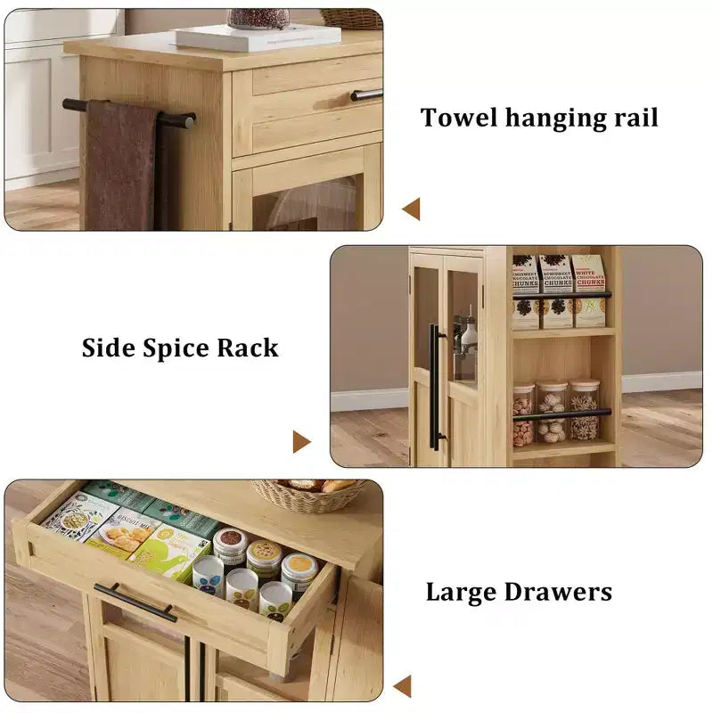 Carrello da Cucina con Isola e Ante in Vetro, Ripiani, Rotelle e Portaspezie per Sala da Pranzo e Cucina, Naturale