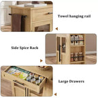 Carrello da Cucina con Isola e Ante in Vetro, Ripiani, Rotelle e Portaspezie per Sala da Pranzo e Cucina, Naturale