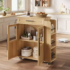 Carrello da Cucina con Isola e Ante in Vetro, Ripiani, Rotelle e Portaspezie per Sala da Pranzo e Cucina, Naturale