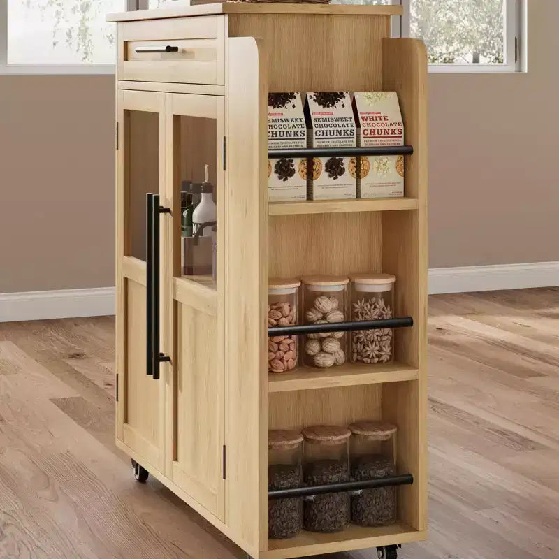Carrello da Cucina con Isola e Ante in Vetro, Ripiani, Rotelle e Portaspezie per Sala da Pranzo e Cucina, Naturale
