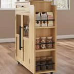 Carrello da Cucina con Isola e Ante in Vetro, Ripiani, Rotelle e Portaspezie per Sala da Pranzo e Cucina, Naturale