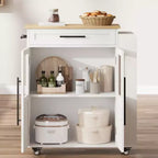Carrello da Cucina con Isola e Ante in Vetro, Ripiani, Rotelle e Portaspezie per Sala da Pranzo e Cucina, Naturale
