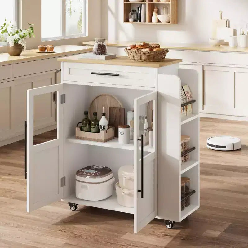 Carrello da Cucina con Isola e Ante in Vetro, Ripiani, Rotelle e Portaspezie per Sala da Pranzo e Cucina, Naturale