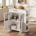 Carrello da Cucina con Isola e Ante in Vetro, Ripiani, Rotelle e Portaspezie per Sala da Pranzo e Cucina, Naturale