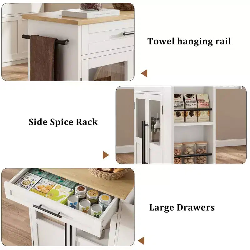 Carrello da Cucina con Isola e Ante in Vetro, Ripiani, Rotelle e Portaspezie per Sala da Pranzo e Cucina, Naturale
