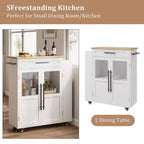 Carrello da Cucina con Isola e Ante in Vetro, Ripiani, Rotelle e Portaspezie per Sala da Pranzo e Cucina, Naturale