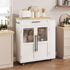Carrello da Cucina con Isola e Ante in Vetro, Ripiani, Rotelle e Portaspezie per Sala da Pranzo e Cucina, Naturale