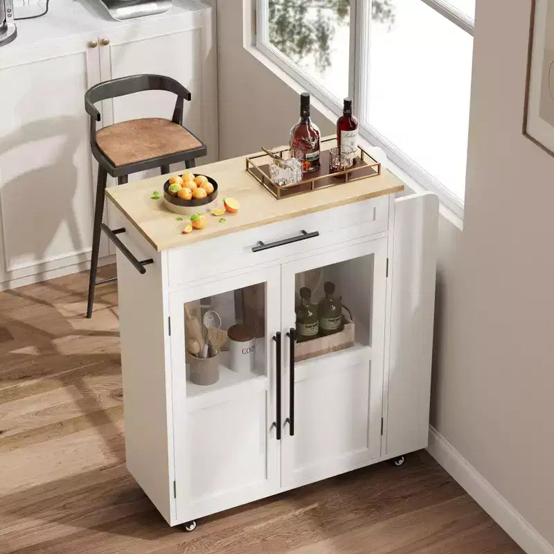 Carrello da Cucina con Isola e Ante in Vetro, Ripiani, Rotelle e Portaspezie per Sala da Pranzo e Cucina, Naturale