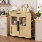 Carrello da Cucina con Isola e Ante in Vetro, Ripiani, Rotelle e Portaspezie per Sala da Pranzo e Cucina, Naturale