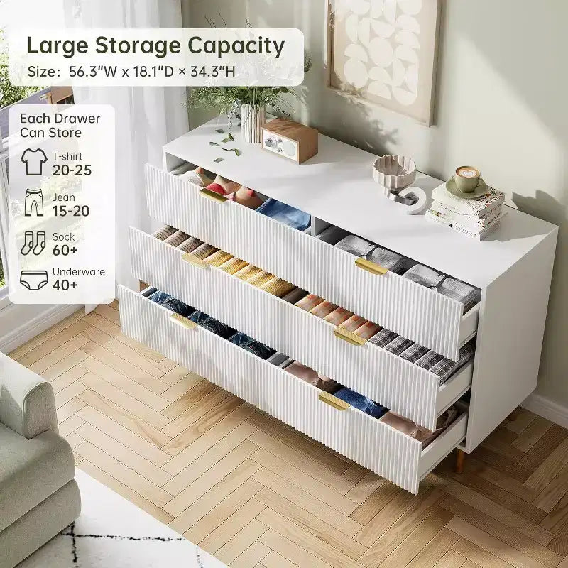 Comò moderno a 6 cassetti per camera da letto con maniglie dorate e cassetti grandi, cassettiera doppia in legno e organizer per la casa