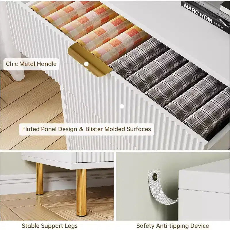 Comò moderno a 6 cassetti per camera da letto con maniglie dorate e cassetti grandi, cassettiera doppia in legno e organizer per la casa