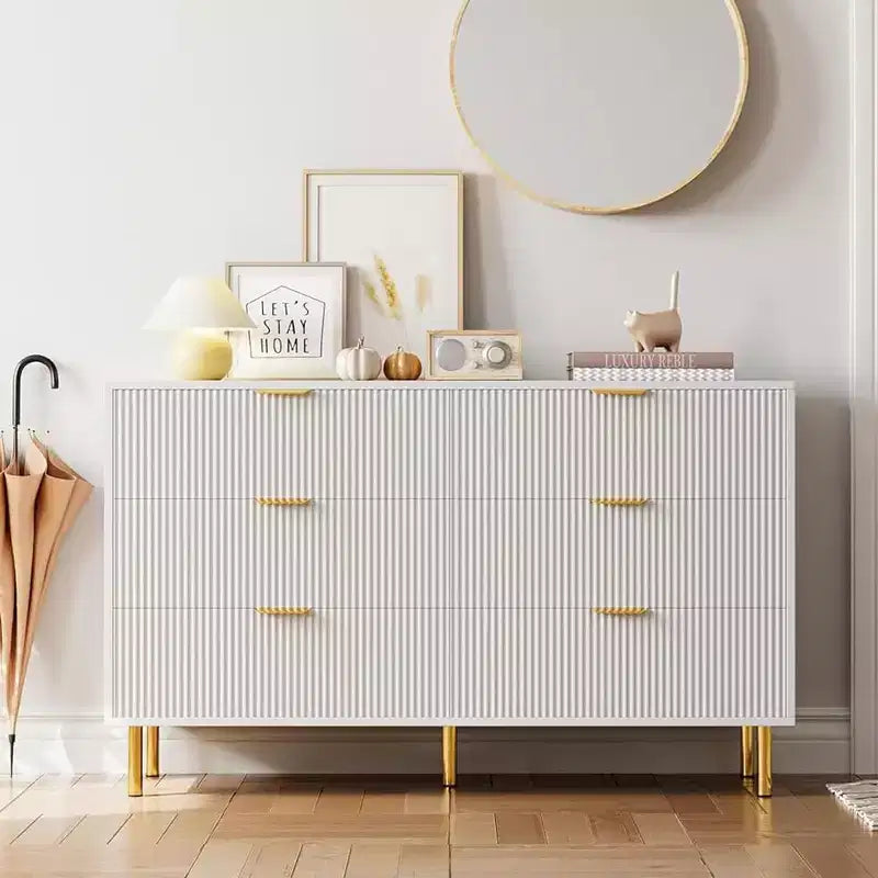 Comò moderno a 6 cassetti per camera da letto con maniglie dorate e cassetti grandi, cassettiera doppia in legno e organizer per la casa