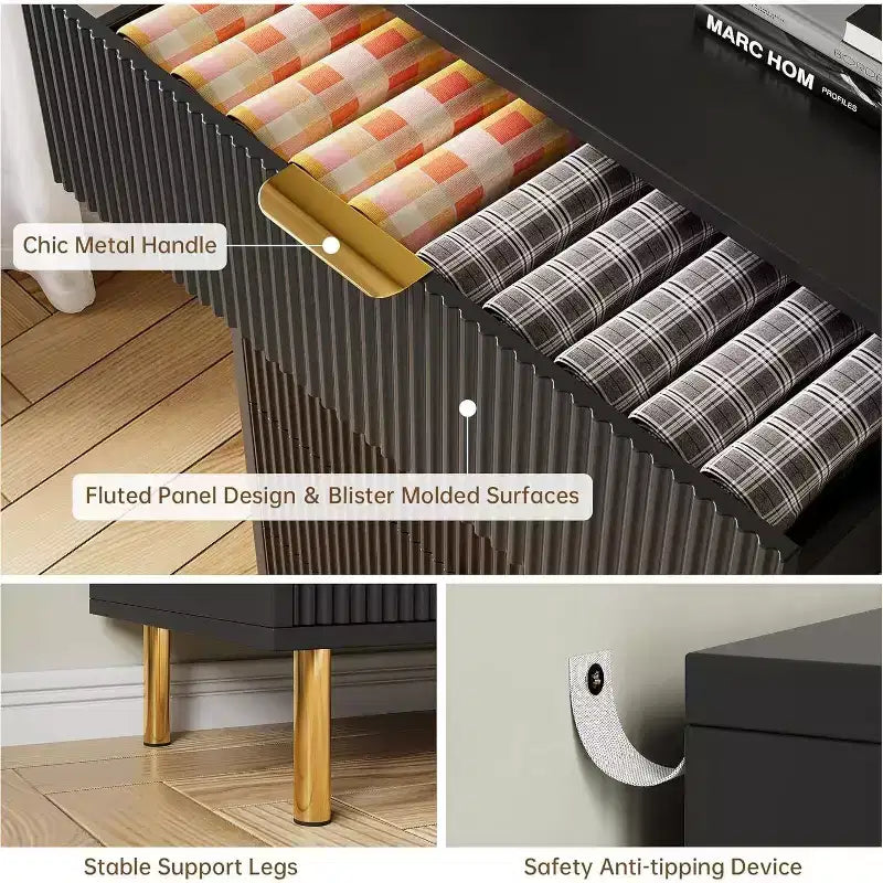 Comò moderno a 6 cassetti per camera da letto con maniglie dorate e cassetti grandi, cassettiera doppia in legno e organizer per la casa