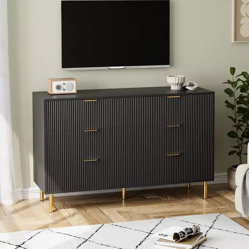 Comò moderno a 6 cassetti per camera da letto con maniglie dorate e cassetti grandi, cassettiera doppia in legno e organizer per la casa