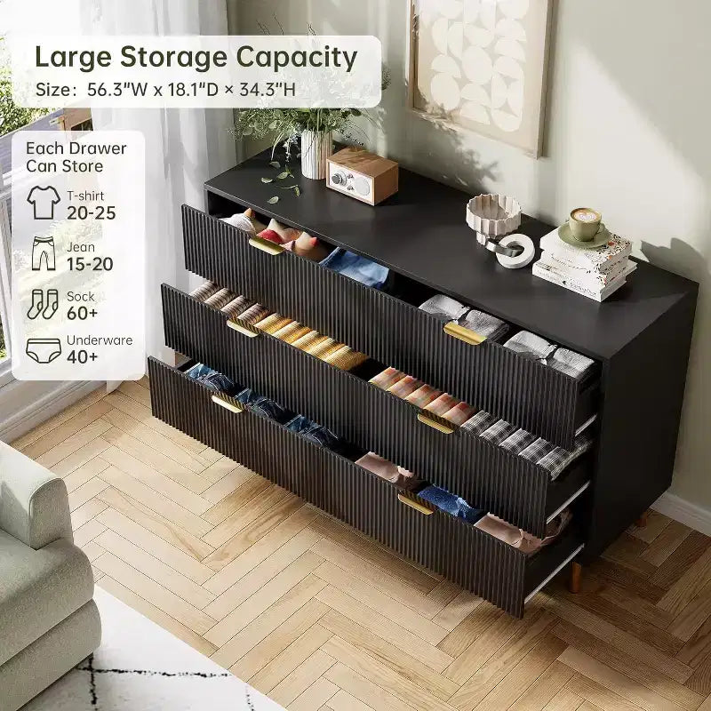 Comò moderno a 6 cassetti per camera da letto con maniglie dorate e cassetti grandi, cassettiera doppia in legno e organizer per la casa