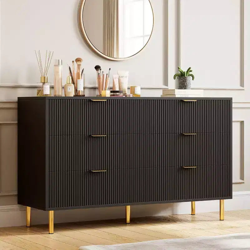 Comò moderno a 6 cassetti per camera da letto con maniglie dorate e cassetti grandi, cassettiera doppia in legno e organizer per la casa