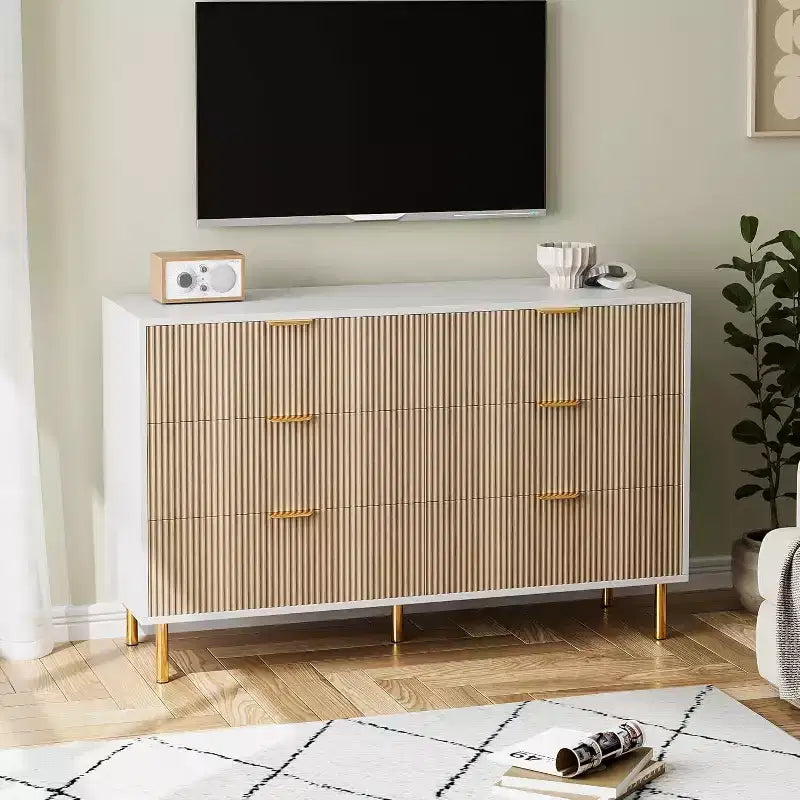Comò moderno a 6 cassetti per camera da letto con maniglie dorate e cassetti grandi, cassettiera doppia in legno e organizer per la casa