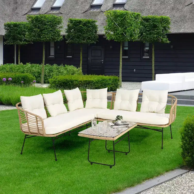 Set conversazione divano in vimini per esterni - Componibile a L da 4 pezzi con chaise longue staccabile e tavolo in vetro, capacità 227 kg
