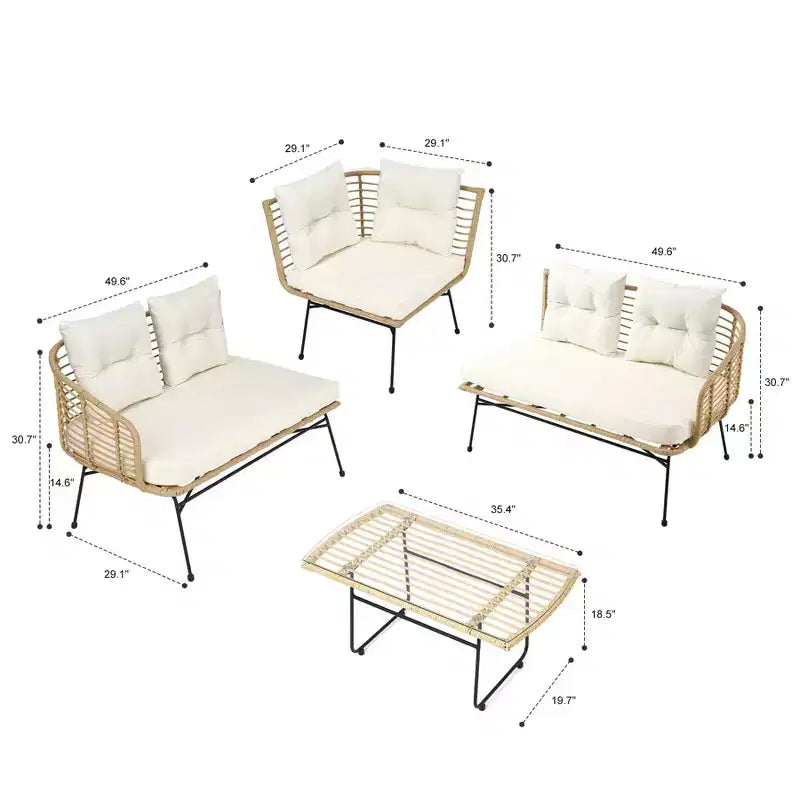 Set conversazione divano in vimini per esterni - Componibile a L da 4 pezzi con chaise longue staccabile e tavolo in vetro, capacità 227 kg