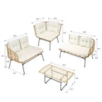 Set conversazione divano in vimini per esterni - Componibile a L da 4 pezzi con chaise longue staccabile e tavolo in vetro, capacità 227 kg