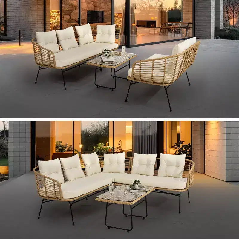 Set conversazione divano in vimini per esterni - Componibile a L da 4 pezzi con chaise longue staccabile e tavolo in vetro, capacità 227 kg