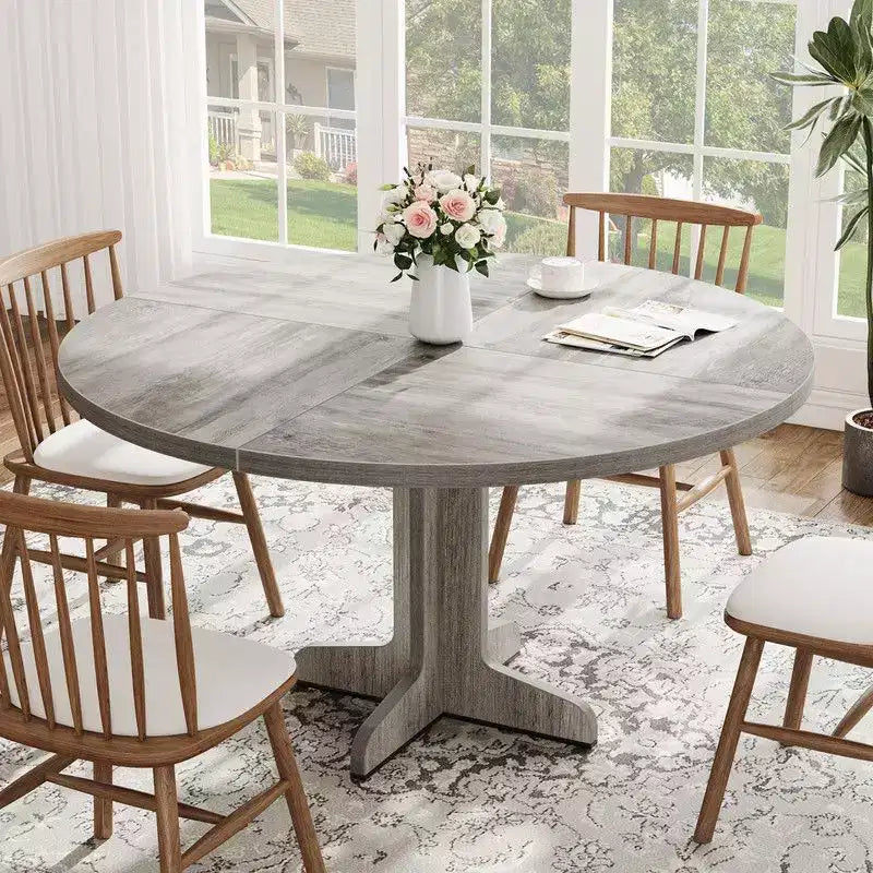 Tavolo da pranzo rotondo per 4 persone, tavolo da cucina rotondo da 119 cm in stile rustico con piano in legno e base stabile