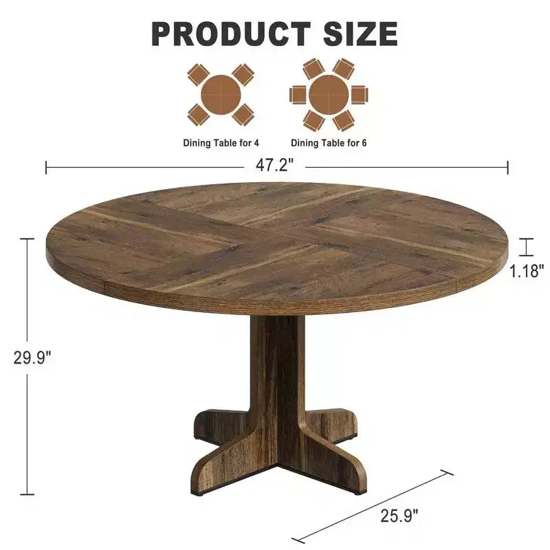 Tavolo da pranzo rotondo per 4 persone, tavolo da cucina rotondo da 119 cm in stile rustico con piano in legno e base stabile