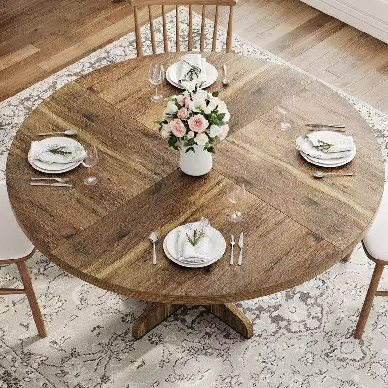 Tavolo da pranzo rotondo per 4 persone, tavolo da cucina rotondo da 119 cm in stile rustico con piano in legno e base stabile