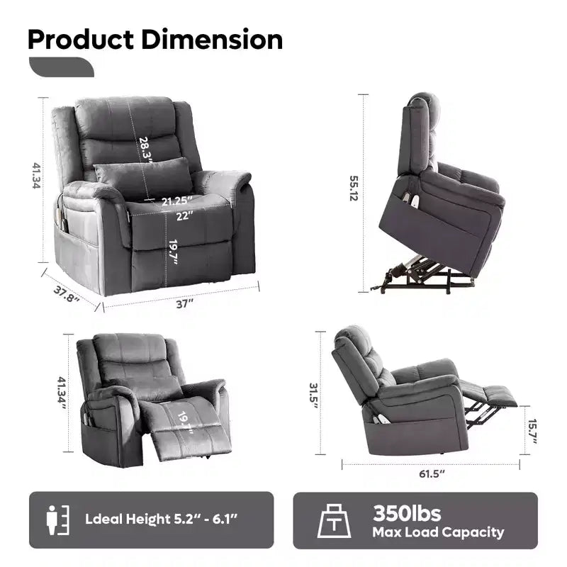 Poltrona reclinabile Bestier 37" con sollevamento elettrico, massaggio e riscaldamento per soggiorno, poltrona reclinabile elettrica singola con tasche laterali per anziani