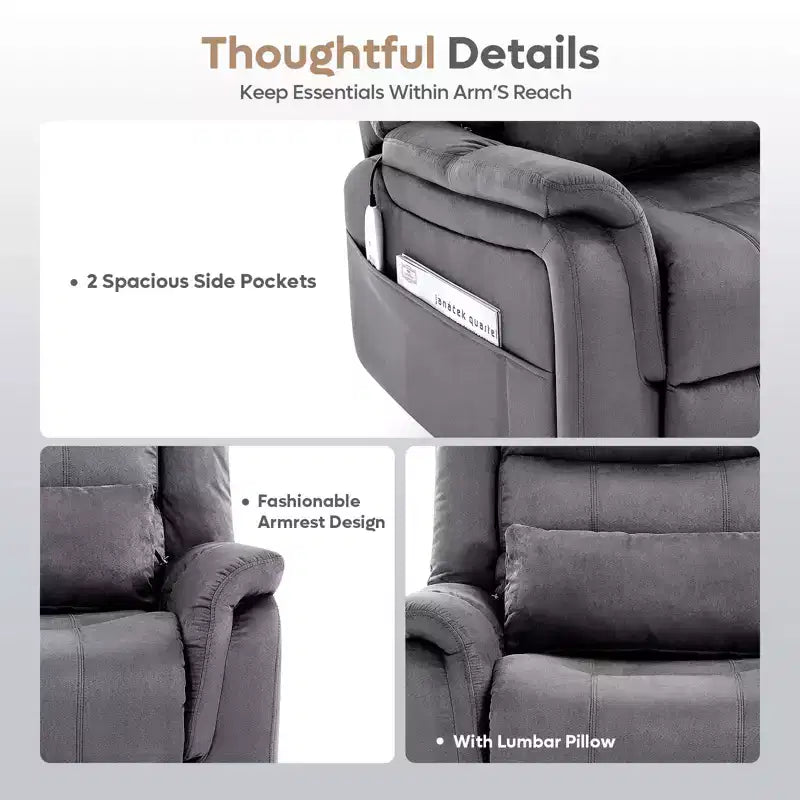 Poltrona reclinabile Bestier 37" con sollevamento elettrico, massaggio e riscaldamento per soggiorno, poltrona reclinabile elettrica singola con tasche laterali per anziani