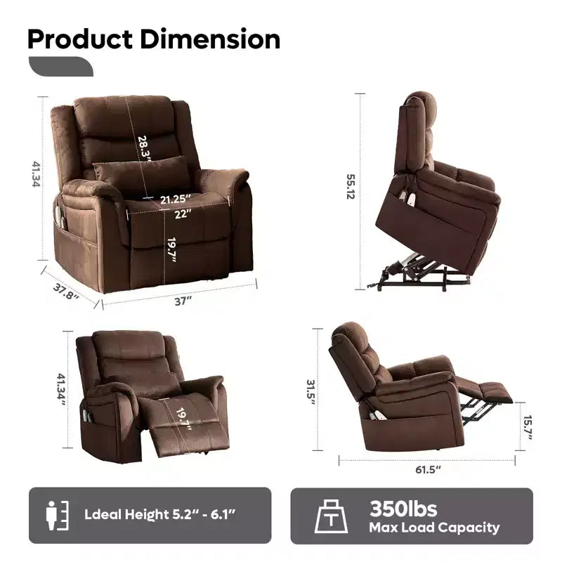Poltrona reclinabile Bestier 37" con sollevamento elettrico, massaggio e riscaldamento per soggiorno, poltrona reclinabile elettrica singola con tasche laterali per anziani