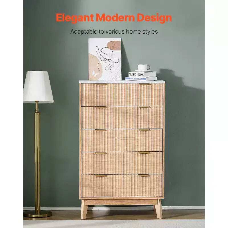 Cassettiera a 5 cassetti VEVOR, Cassettiera in legno con dispositivo scorrevole e antiribaltamento, Cassettiera moderna e minimalista, Beige