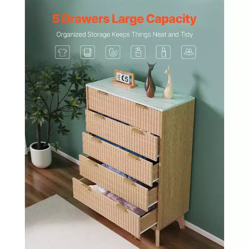 Cassettiera a 5 cassetti VEVOR, Cassettiera in legno con dispositivo scorrevole e antiribaltamento, Cassettiera moderna e minimalista, Beige