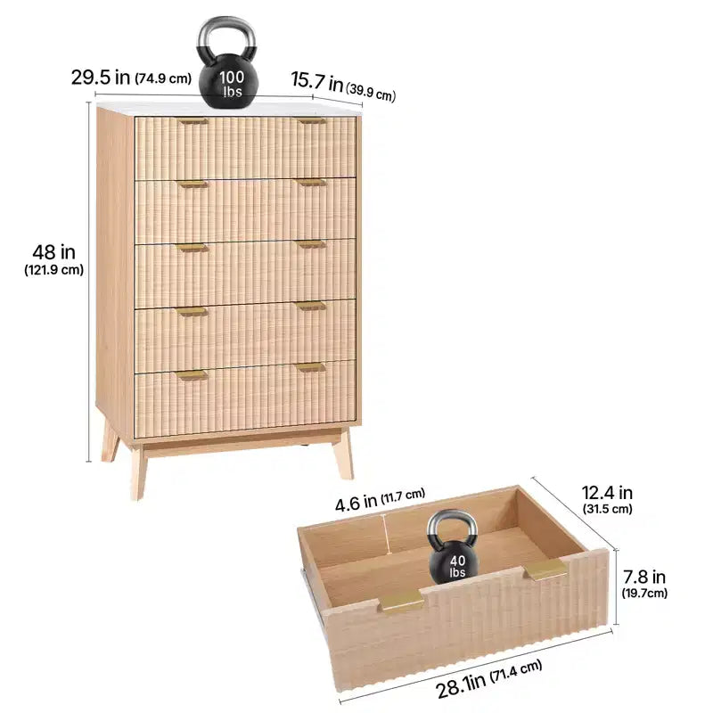 Cassettiera a 5 cassetti VEVOR, Cassettiera in legno con dispositivo scorrevole e antiribaltamento, Cassettiera moderna e minimalista, Beige