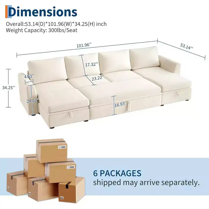 Divano letto sezionale componibile a U Acekool Chenille con letto estraibile, sedili contenitore e pouf, divano convertibile per soggiorno