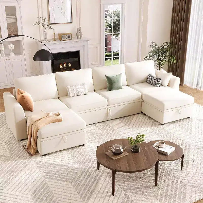 Divano letto sezionale componibile a U Acekool Chenille con letto estraibile, sedili contenitore e pouf, divano convertibile per soggiorno