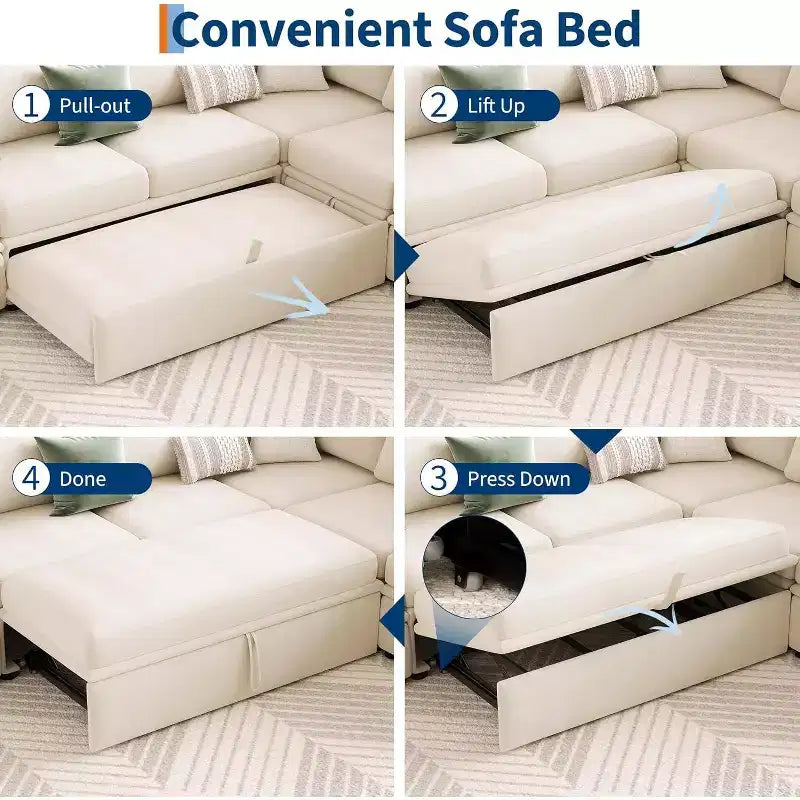 Divano letto sezionale componibile a U Acekool Chenille con letto estraibile, sedili contenitore e pouf, divano convertibile per soggiorno