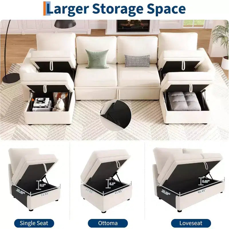 Divano letto sezionale componibile a U Acekool Chenille con letto estraibile, sedili contenitore e pouf, divano convertibile per soggiorno
