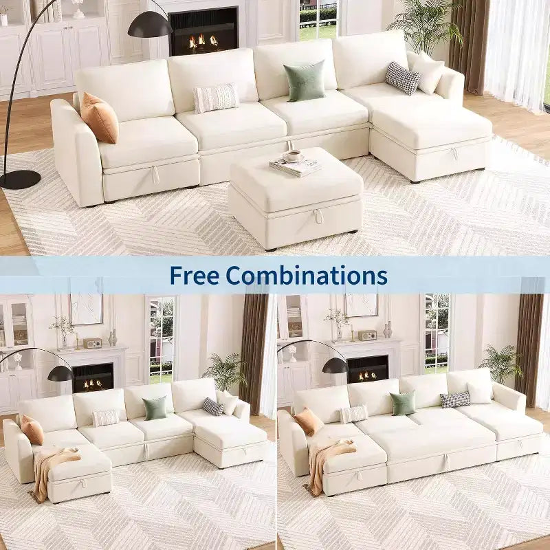 Divano letto sezionale componibile a U Acekool Chenille con letto estraibile, sedili contenitore e pouf, divano convertibile per soggiorno