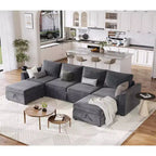 Acekool Divano letto componibile in ciniglia con letto estraibile, sedute contenitore e 2 pouf, divano convertibile per soggiorno, fodere rimovibili