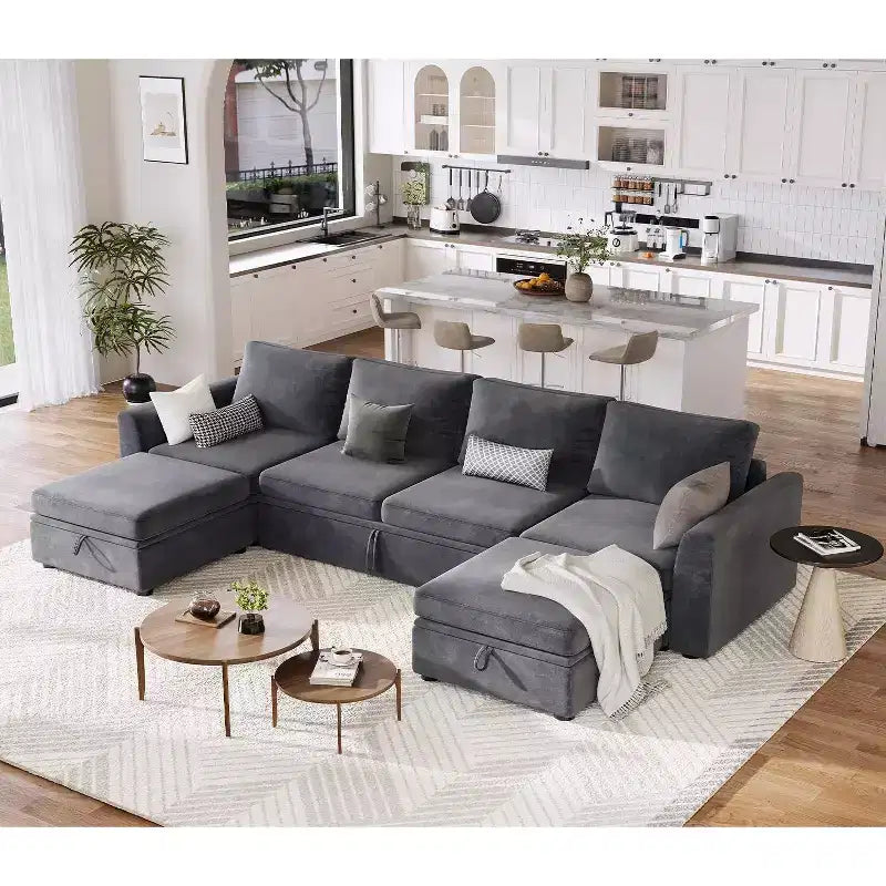 Acekool Divano letto componibile in ciniglia con letto estraibile, sedute contenitore e 2 pouf, divano convertibile per soggiorno, fodere rimovibili