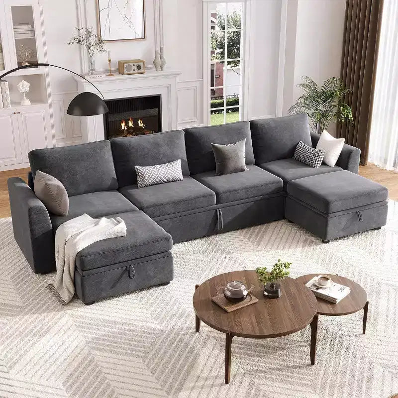 Acekool Divano letto componibile in ciniglia con letto estraibile, sedute contenitore e 2 pouf, divano convertibile per soggiorno, fodere rimovibili