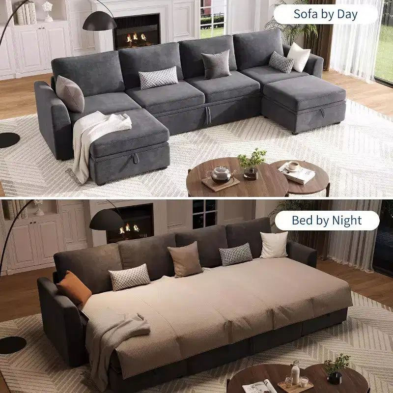 Acekool Divano letto componibile in ciniglia con letto estraibile, sedute contenitore e 2 pouf, divano convertibile per soggiorno, fodere rimovibili