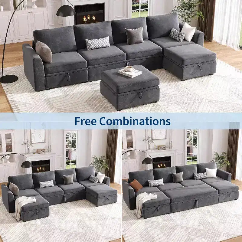 Acekool Divano letto componibile in ciniglia con letto estraibile, sedute contenitore e 2 pouf, divano convertibile per soggiorno, fodere rimovibili