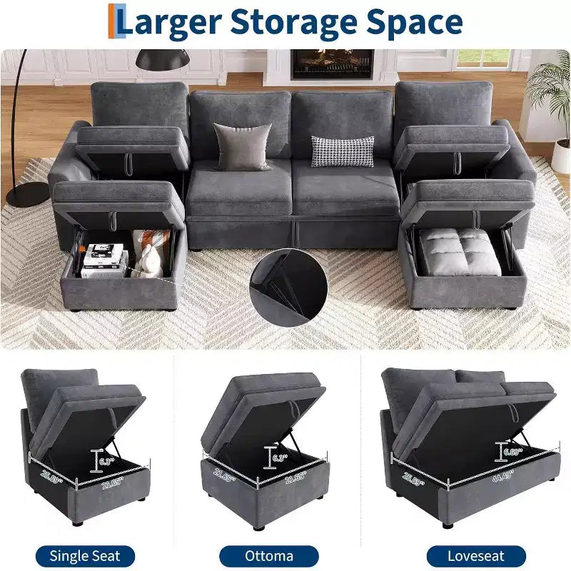 Acekool Divano letto componibile in ciniglia con letto estraibile, sedute contenitore e 2 pouf, divano convertibile per soggiorno, fodere rimovibili